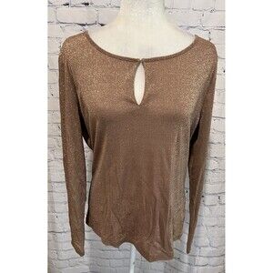 New York & Company Blouse Women's Sz XL Shimmer Metallic Front Keyhole Brown